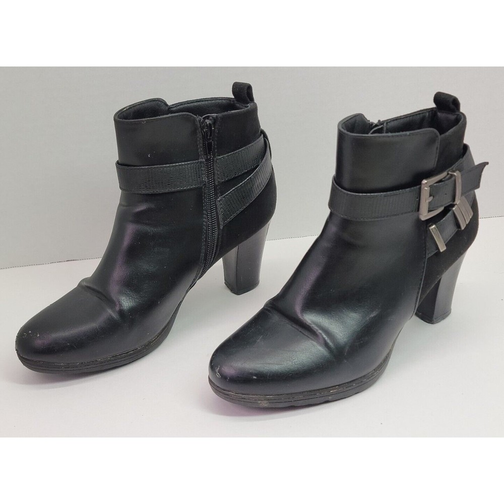 Perphy Black Leather Platform Ankle Boots Crocodile Printed Strap Womens size 7